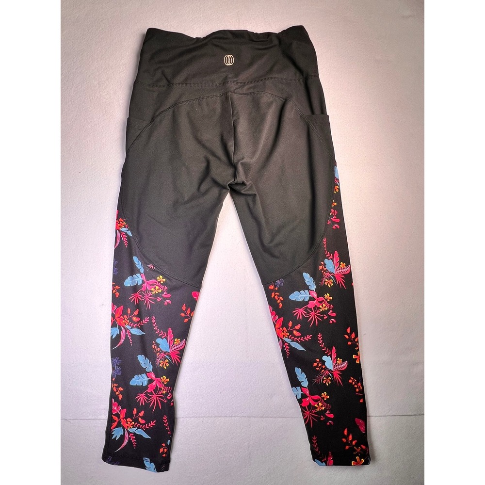 Marika Women Black Floral Mesh Pocket High Rise Cropped Leggings Yoga Pants